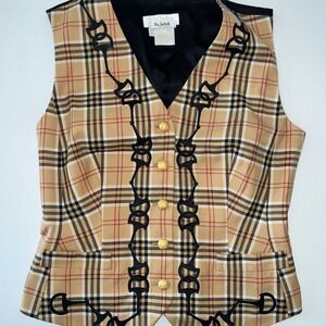 ESCADA Margaretha Ley Plaid Button Down Horsebit Sz 40 Gold Buttons Novacheck
